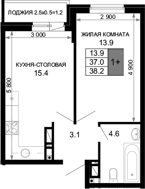 2-комн., 37 м², 10/16 этаж, ЖК «Дыхание»