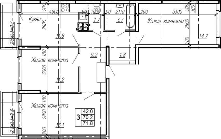 3-комн., 70.2 м², 3/4 этаж, ЖК «Эво»