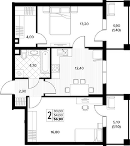 2-комн., 54 м², 1/7 этаж, ЖК «Кипарис»
