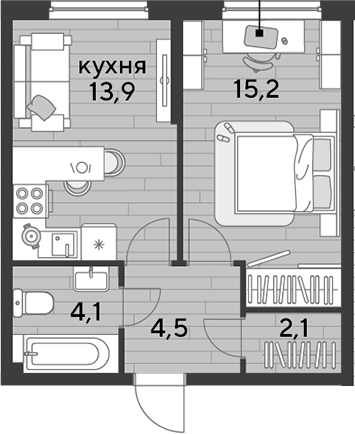 1-комн., 39.8 м², 2/16 этаж, ЖК «DОГМА ПАРК»