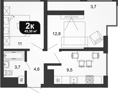 2-комн., 41.6 м², 16/19 этаж, ЖК «Сочи Парк»