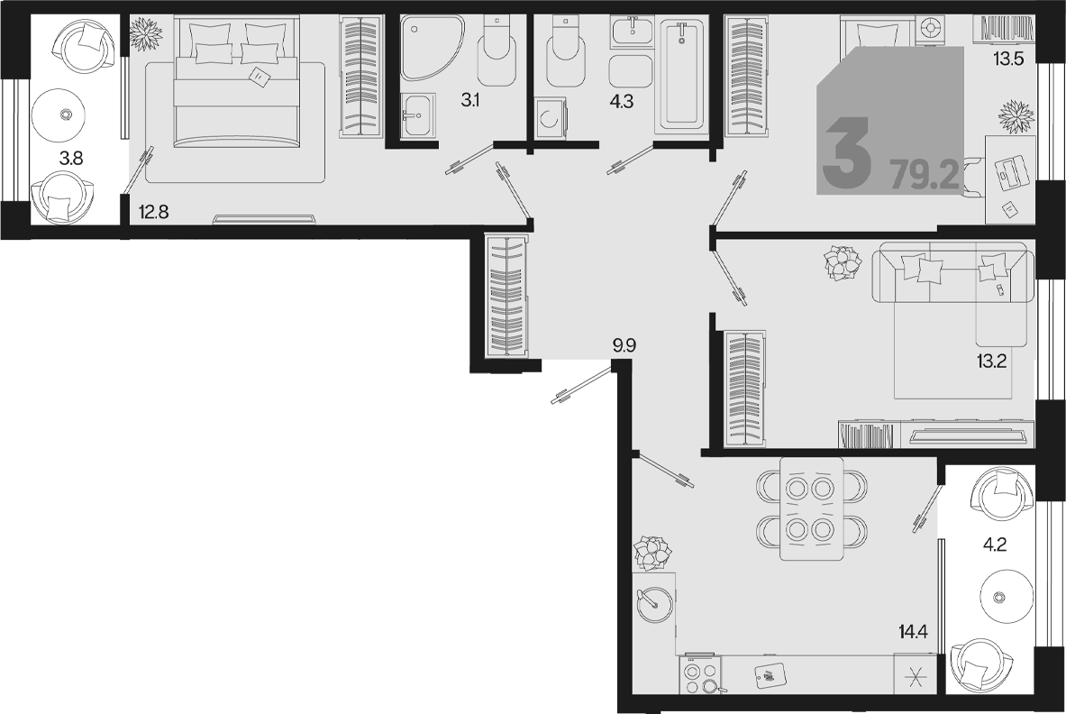 3-комн., 71.2 м², 2/9 этаж, ЖК «Первое место»