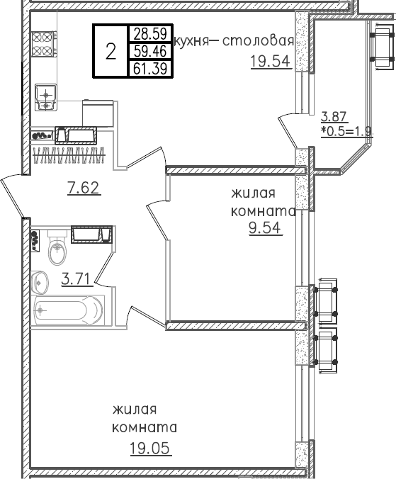 3-комн., 59.46 м², 23/23 этаж, ЖК «Урал»