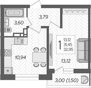 1-комн., 31.45 м², 16/16 этаж, ЖК «Смородина»