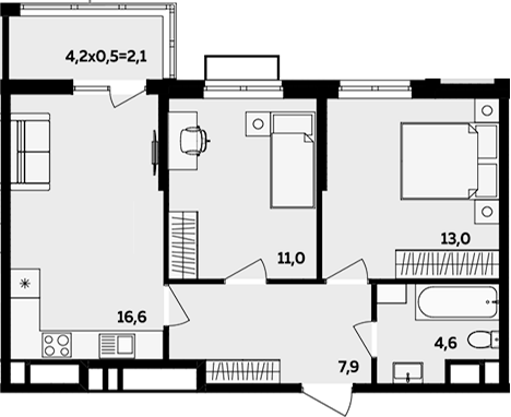 3-комн., 53.1 м², 11/16 этаж, ЖК «МегаСити»