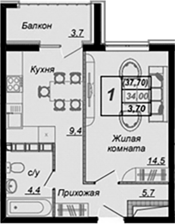 1-комн., 34 м², 12/15 этаж, ЖК «Чайные Холмы»