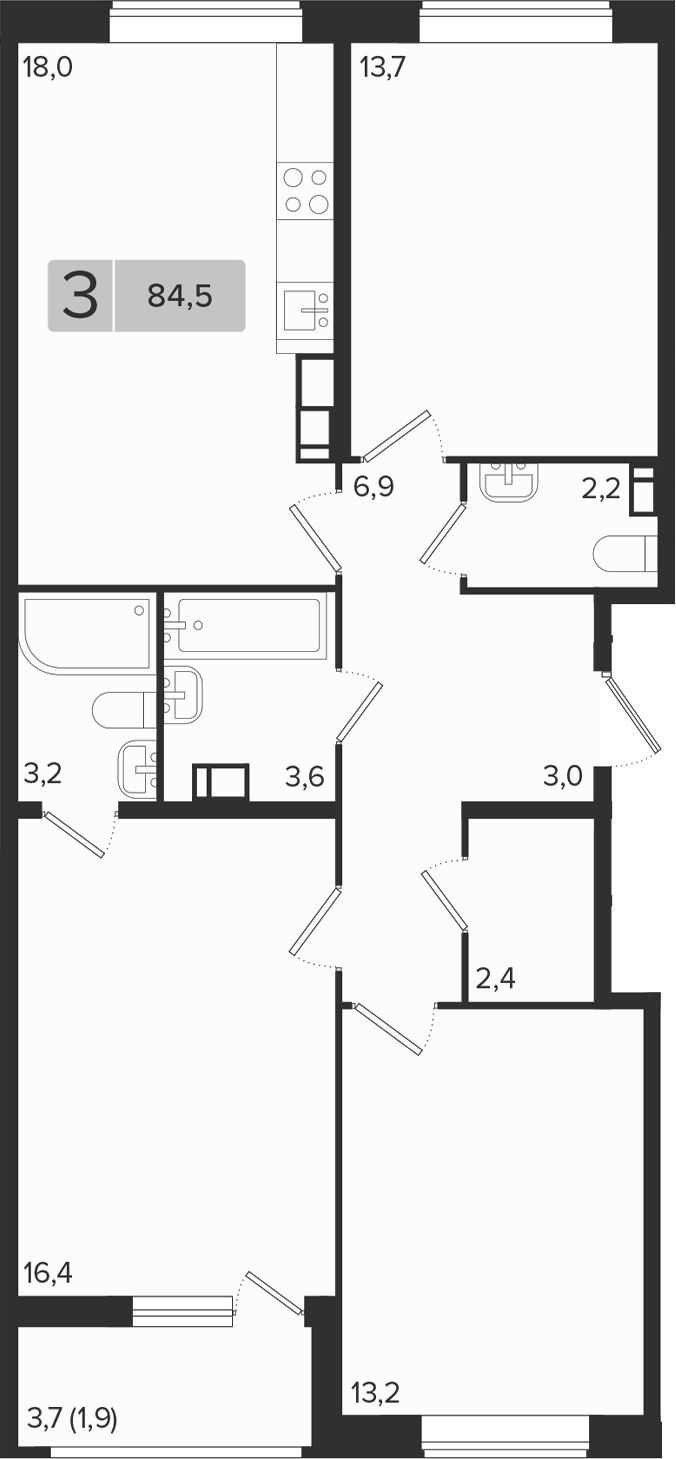 3-комн., 82.6 м², 4/18 этаж, ЖК «Эрмитаж»