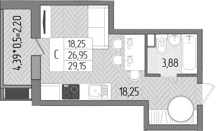 Студия, 26.95 м², 1/8 этаж, ЖК «Сады у моря»