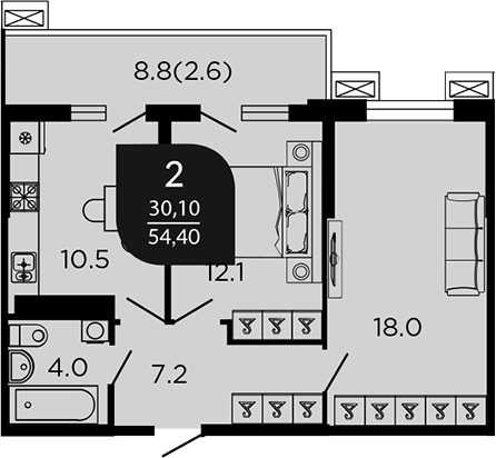 2-комн., 52.27 м², 4/23 этаж, ЖК «Отражение. Дарстрой»