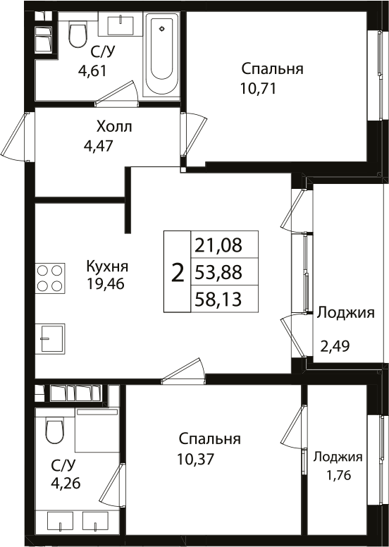 3-комн., 53.88 м², 3/7 этаж, ЖК «Патрики»