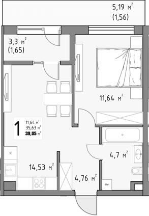 1-комн., 35.84 м², 3/15 этаж, ЖК «Коллекция»