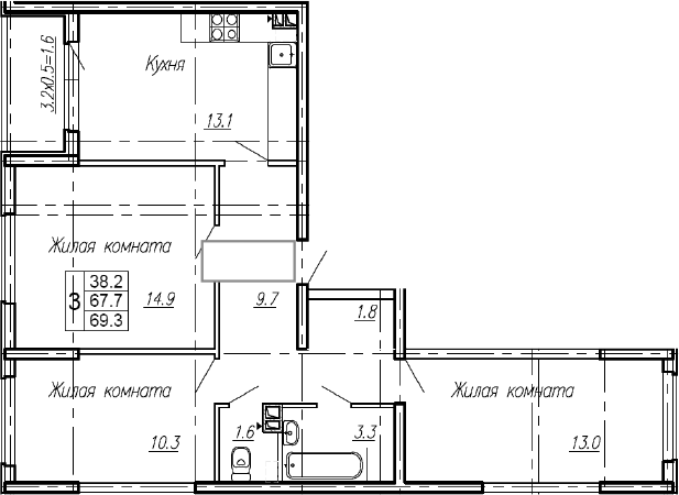 3-комн., 67.7 м², 1/4 этаж, ЖК «Эво»