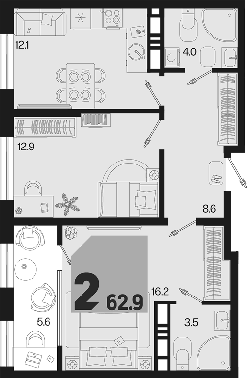 2-комн., 57.3 м², 18/18 этаж, ЖК «Первое место»