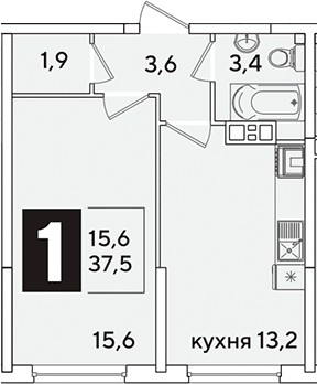 1-комн., 37.5 м², 8/16 этаж, ЖК «Самолет»