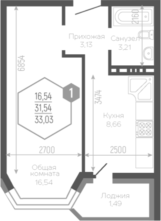 1-комн., 31.31 м², 19/19 этаж, ЖК «Черкасская»