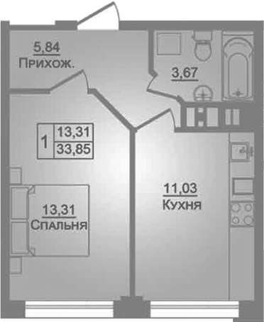 Продается 1-комн. квартира, 33.85 м²