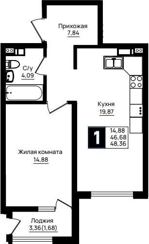 Продается 1-комн. квартира, 46.68 м²
