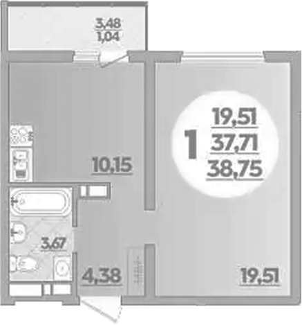 1-комн., 37.71 м², 3/9 этаж, ЖК «Предгорье Лаго-Наки»