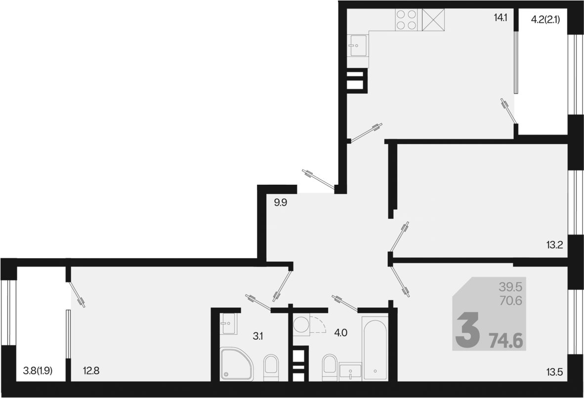3-комн., 70.6 м², 8/9 этаж, ЖК «Первое место»