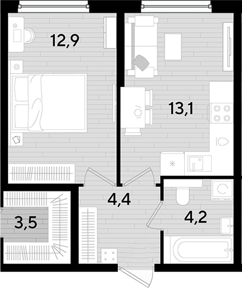 1-комн., 34.6 м², 2/16 этаж, ЖК «DОГМА ПАРК»