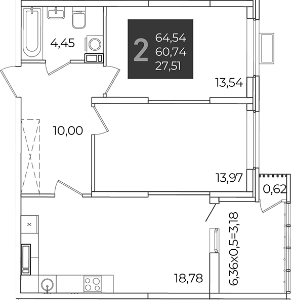 2-комн., 60.74 м², 12/21 этаж, ЖК «Образцово»