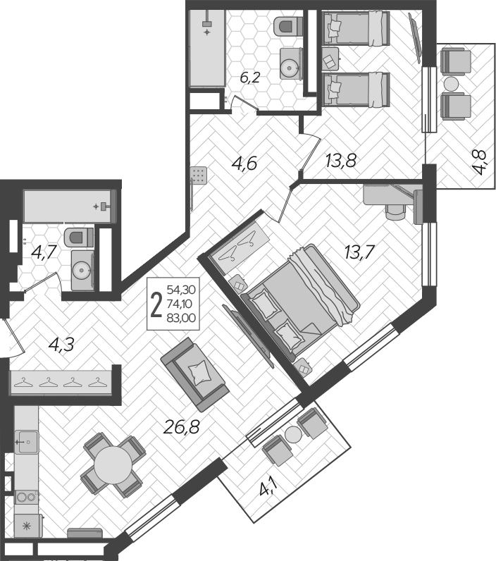 2-комн., 74.1 м², 7/9 этаж, ЖК «LeePrime Residences Polyana Sochi»