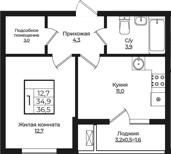 1-комн., 34.9 м², 7/7 этаж, ЖК «Европа-Сити»