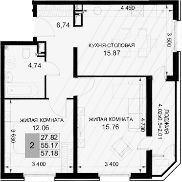 2-комн., 55.17 м², 9/18 этаж, ЖК «Фонтаны»