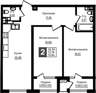 2-комн., 72.78 м², 5/18 этаж, ЖК «Резиденция морей»