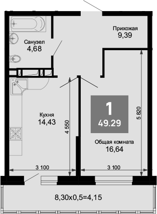 Продается 1-комн. квартира, 45.14 м²