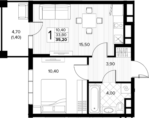 1-комн., 33.8 м², 2/7 этаж, ЖК «Кипарис»