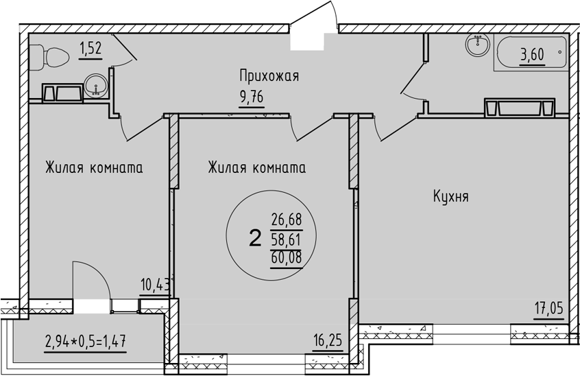 2-комн., 58.61 м², 17/19 этаж, ЖК «Друг»