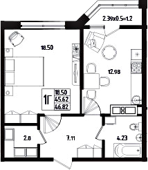 Продается 1-комн. квартира, 45.62 м²