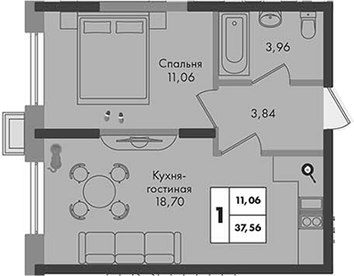 1-комн., 37.56 м², 3/9 этаж, ЖК «Зеленая территория»