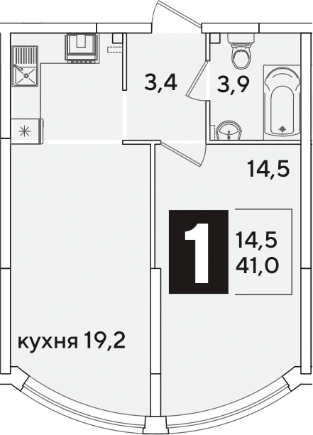 2-комн., 41 м², 2/16 этаж, ЖК «Самолет»