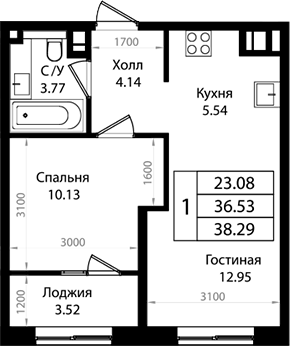 2-комн., 36.53 м², 15/18 этаж, ЖК «Патрики»