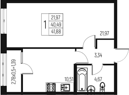 Продается 1-комн. квартира, 40.49 м²