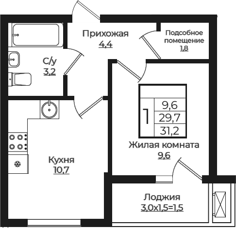 1-комн., 29.7 м², 7/7 этаж, ЖК «Европа-Сити»