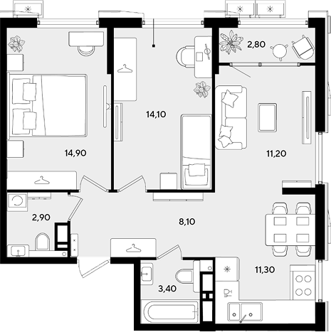 3-комн., 65.9 м², 15/18 этаж, ЖК «Порто-Ново»