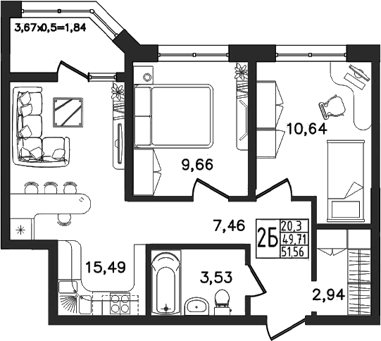 3-комн., 49.72 м², 4/14 этаж, ЖК «Яблоневый»
