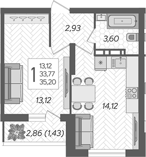 1-комн., 33.77 м², 14/16 этаж, ЖК «Смородина»