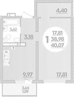 1-комн., 38.98 м², 4/8 этаж, ЖК «Первый»