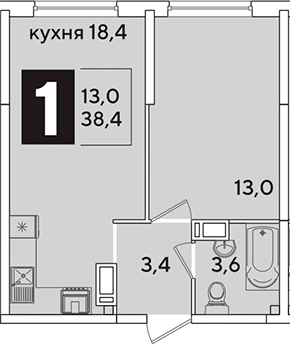 2-комн., 38.4 м², 10/16 этаж, ЖК «Самолет»