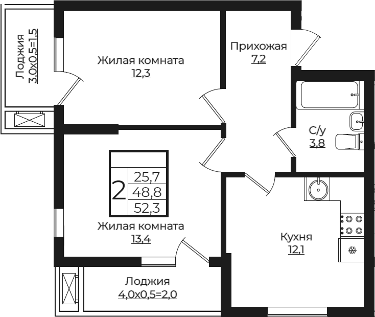 2-комн., 48.8 м², 5/7 этаж, ЖК «Европа-Сити»