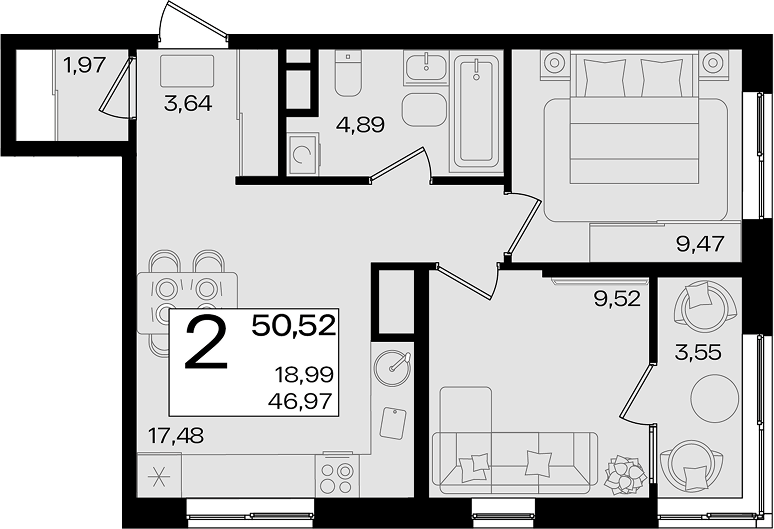 Продается 3-комн. квартира, 46.97 м²