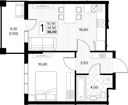 1-комн., 34.5 м², 7/7 этаж, ЖК «Кипарис»