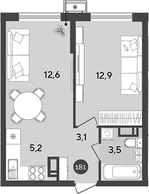 2-комн., 37.3 м², 14/18 этаж, ЖК «Порто-Ново»