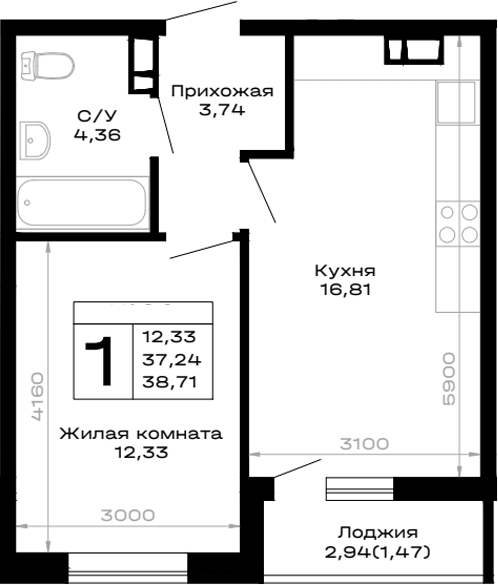 1-комн., 37.24 м², 7/12 этаж, ЖК «Горные высоты»