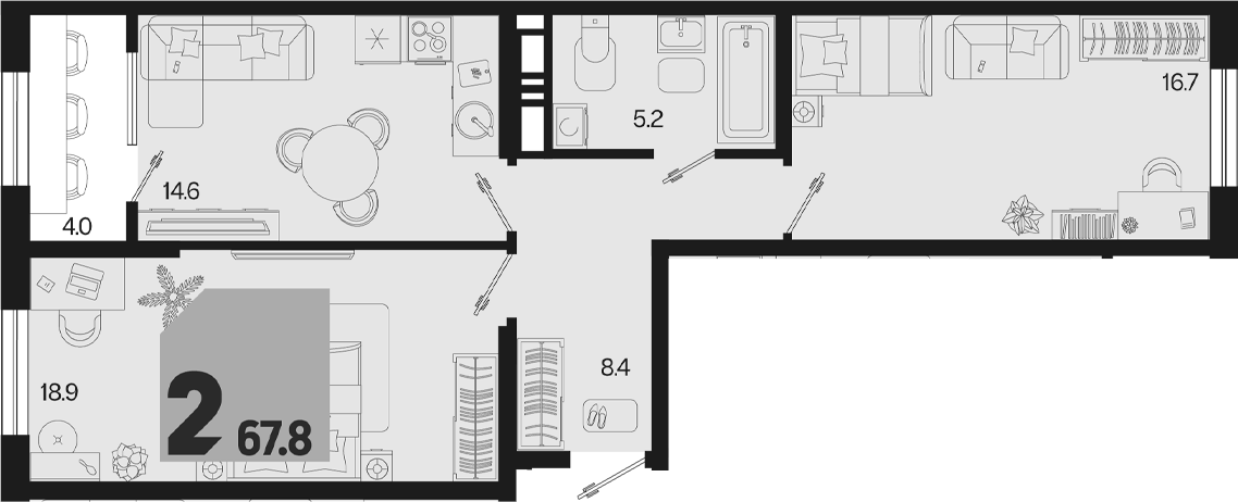 2-комн., 63.8 м², 14/18 этаж, ЖК «Первое место»