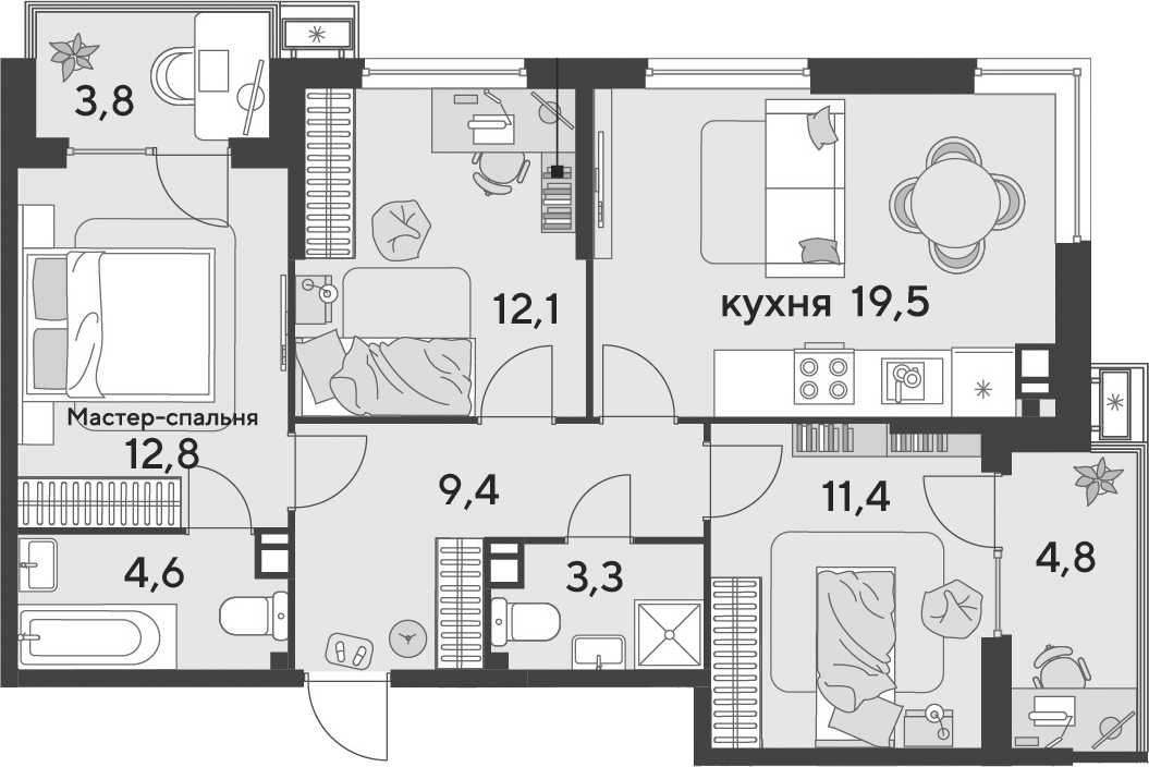 4+ комнаты, 73.1 м², 3/9 этаж, ЖК «Парк Победы»